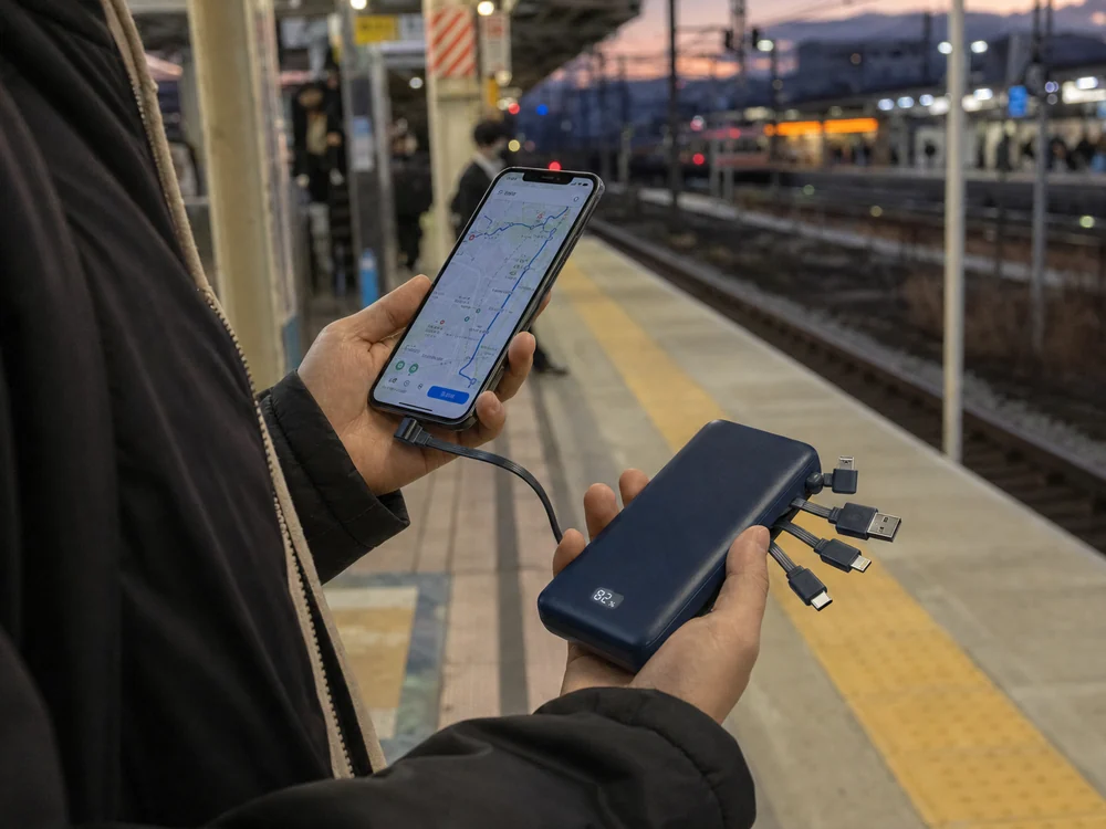 駅ホームで地図を見ながら充電できるOHOVIVモバイルバッテリーの使用イメージ