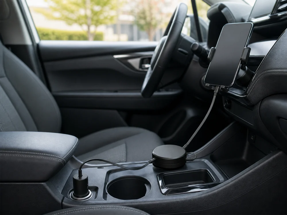 車内で使う巻取り式USB Type-Cケーブルの使用イメージ