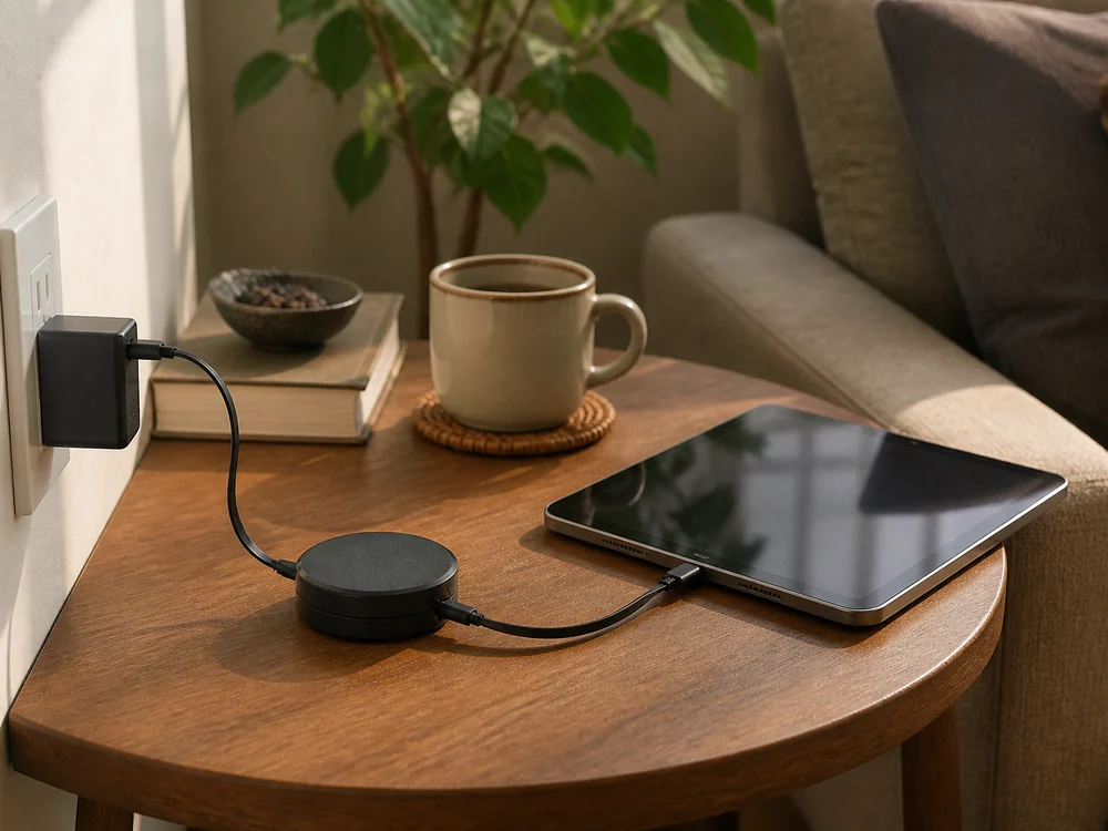 サイドテーブルで使う巻取り式USB Type-Cケーブルの使用イメージ