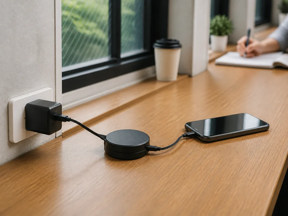共有テーブルで使う巻取り式USB Type-Cケーブルの使用イメージ