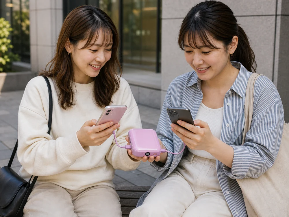 異なる端子のスマホを一緒に使う場面でPHILIPSのモバイルバッテリーを共有するイメージ