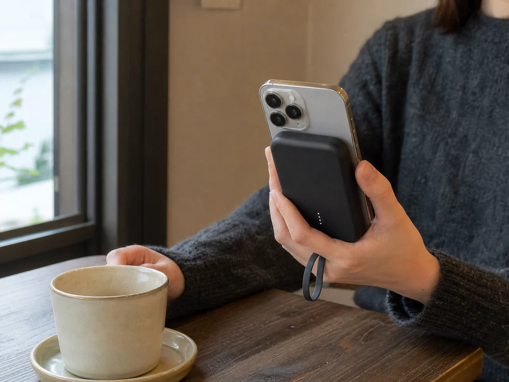 Philips DLP2717QBをiPhone背面に装着してカフェで使うイメージ