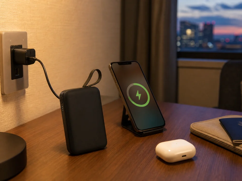 Philips DLP2717QBをホテルのデスクで充電準備するイメージ