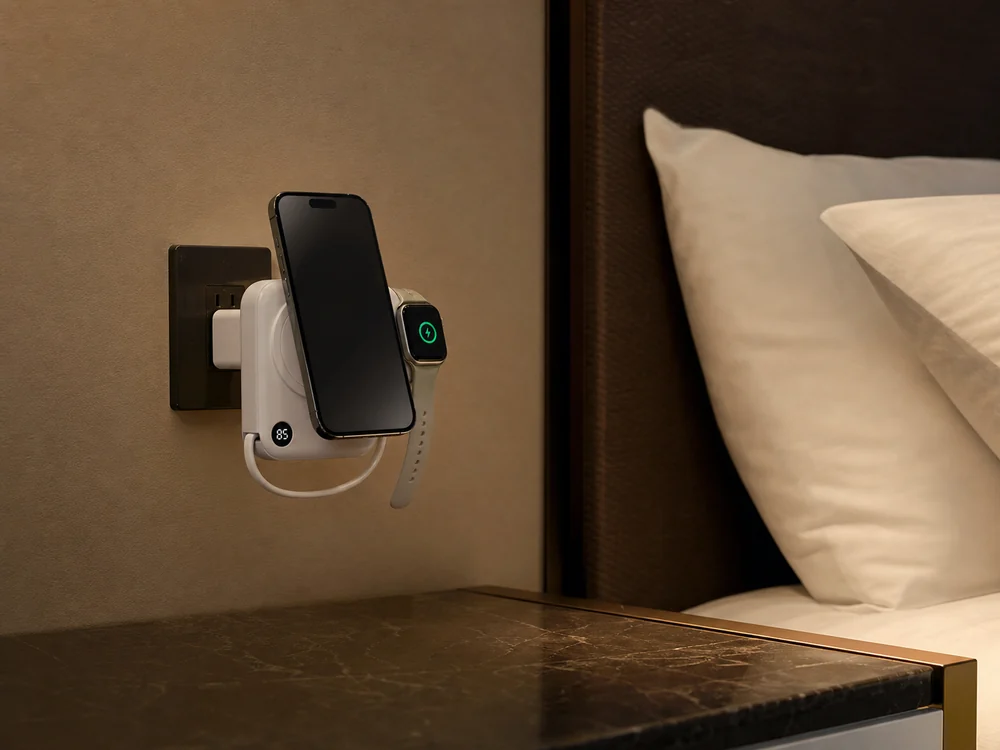 ホテルのベッドサイドでiPhoneとApple Watchをまとめて充電するPHILIPS DLP4351CWの使用イメージ