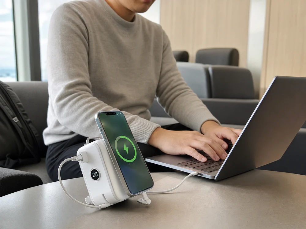 外出先でノートPCとiPhoneの給電をまとめるPHILIPS DLP4351CWの使用イメージ