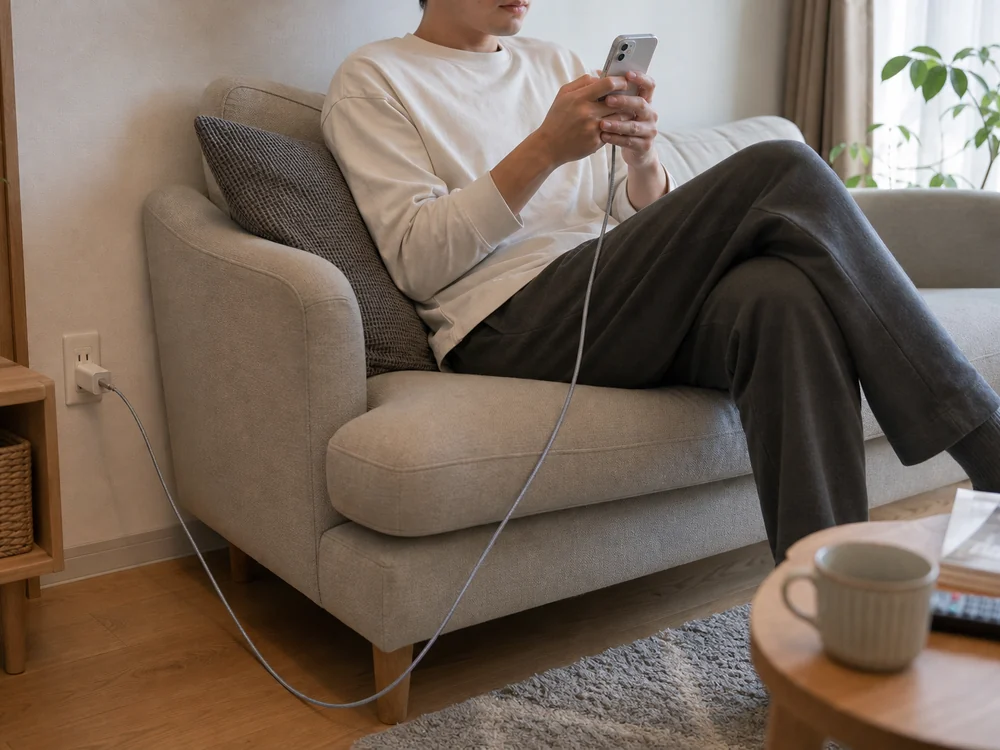ソファで過ごしながら長さに余裕を持って使えるグレーのUSB-C Lightningケーブルのイメージ