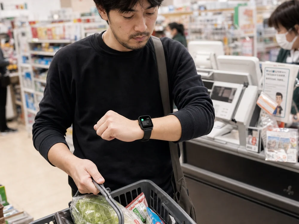 買い物中に黒いスマートウォッチで通知を確認するイメージ