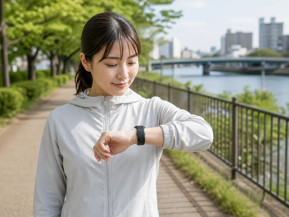 散歩中に黒いスマートウォッチで時間や歩数を確認するイメージ