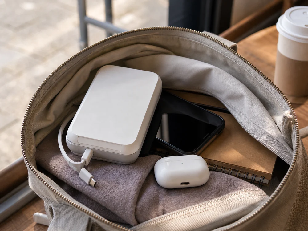 白いMagSafe対応モバイルバッテリーをポーチに入れて持ち歩くイメージ