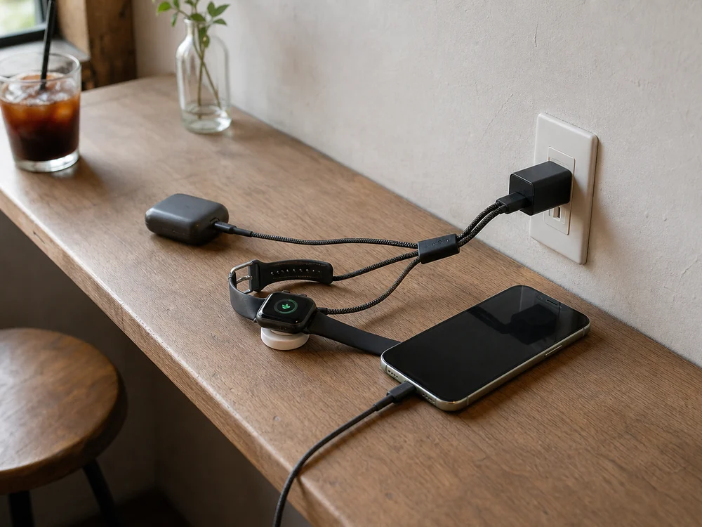 短い3in2充電ケーブルでiPhoneとApple Watchなどをまとめて充電する様子