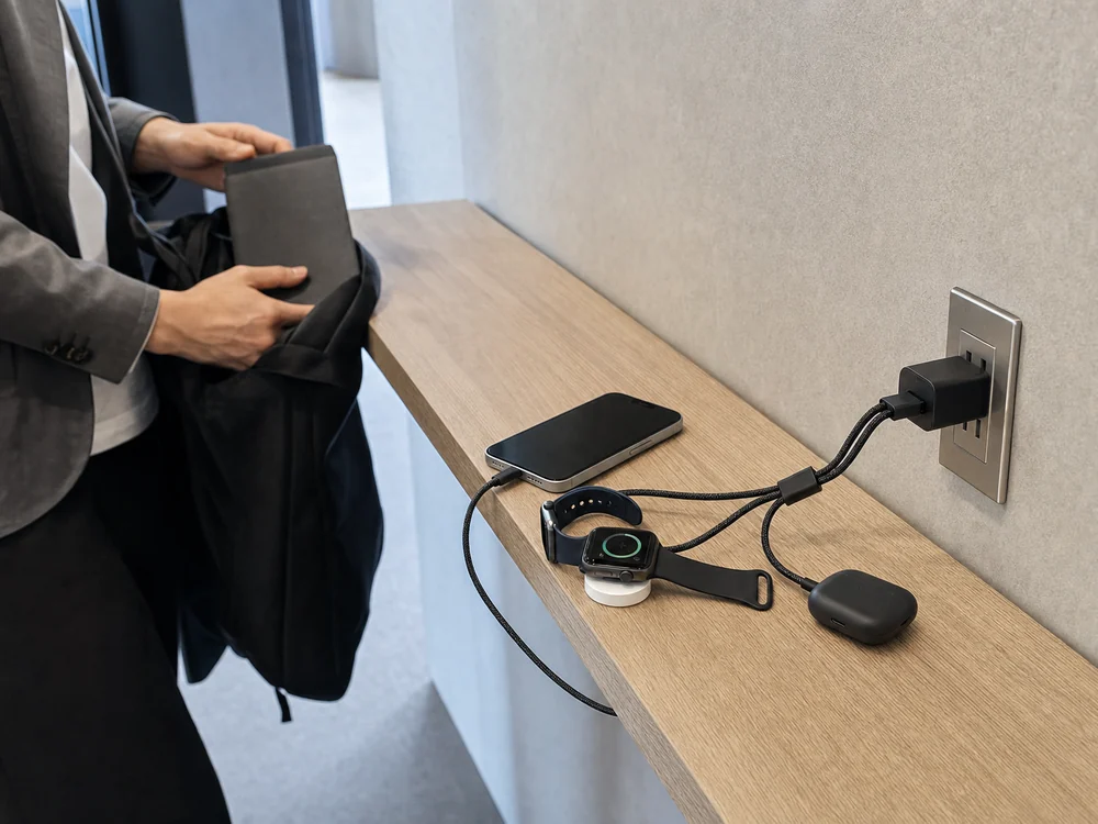 外出前にiPhoneとApple Watchを短い3in2充電ケーブルで整える様子