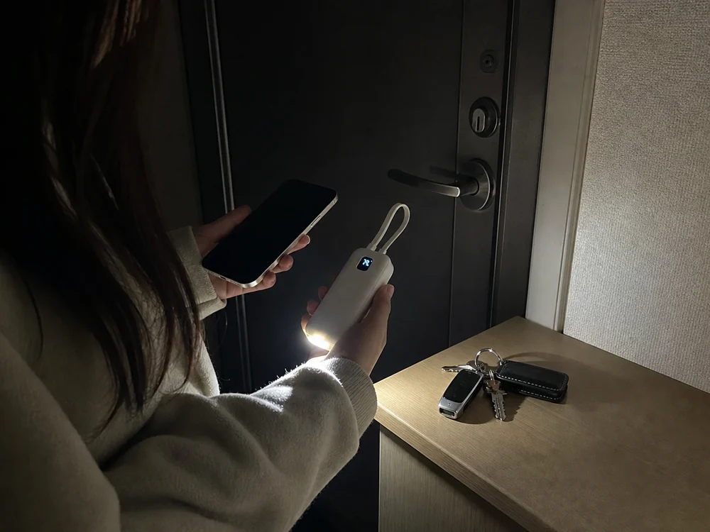 白いケーブル内蔵モバイルバッテリーのライトで玄関まわりを照らしている利用シーン