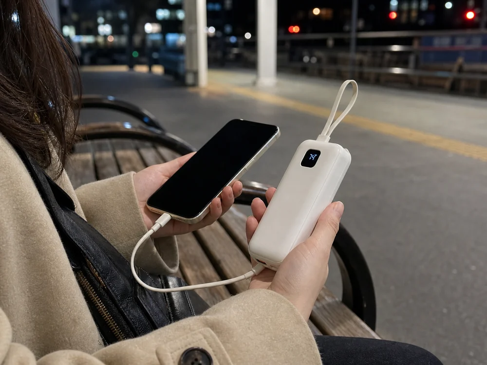 白いケーブル内蔵モバイルバッテリーで外出先のスマートフォンを充電している利用シーン