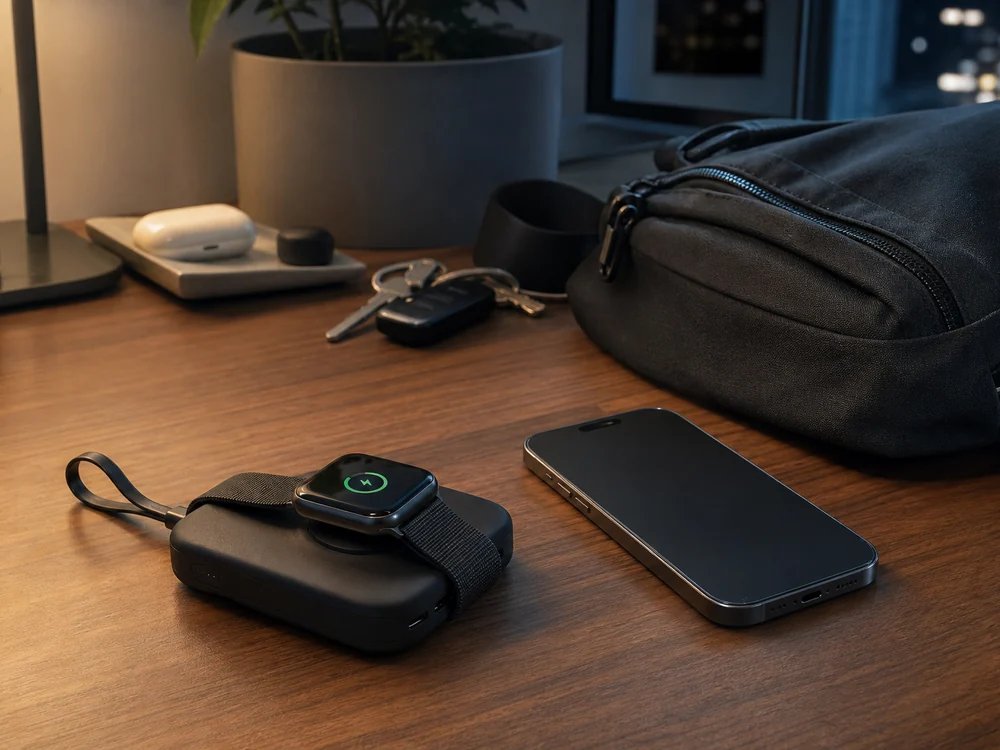 Apple Watchを黒い小型モバイルバッテリーでデスク上充電しているイメージ