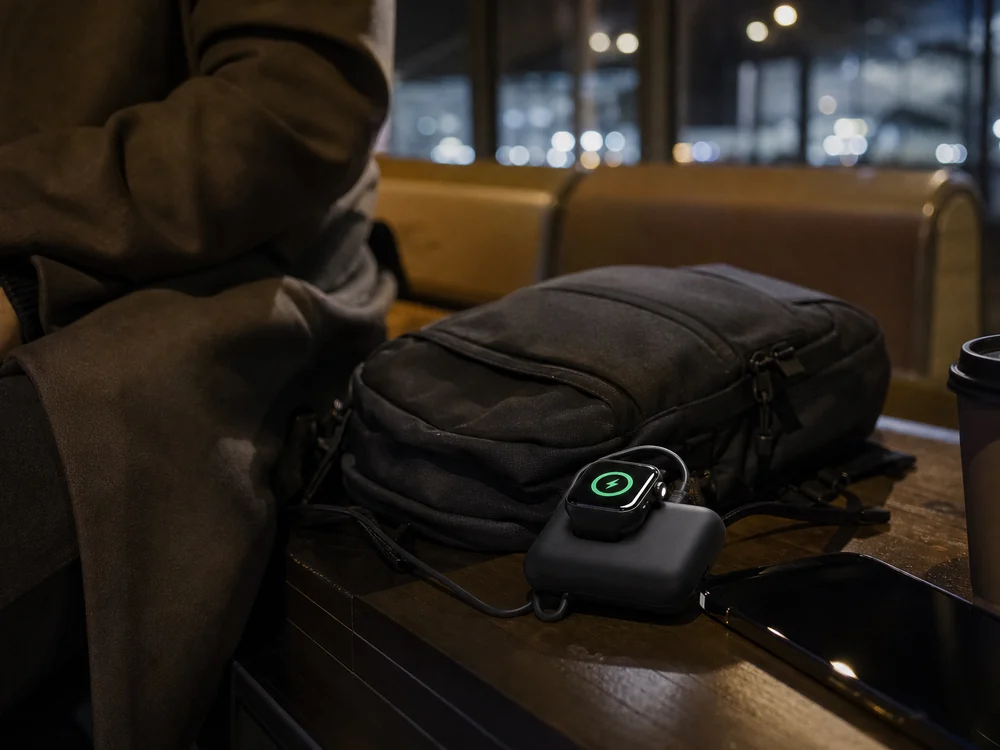 外出先でApple Watchを黒い小型モバイルバッテリーで充電するイメージ