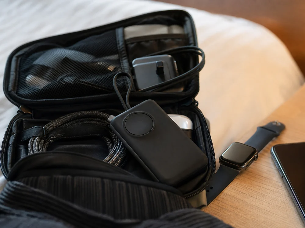 黒い小型モバイルバッテリーをトラベルポーチに入れて持ち歩くイメージ