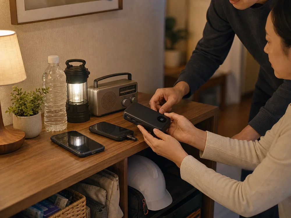 非常時の備えとして置いておく大容量モバイルバッテリーのイメージ