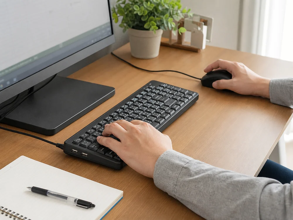 コンパクトキーボードと近いマウスで作業するデスクのイメージ