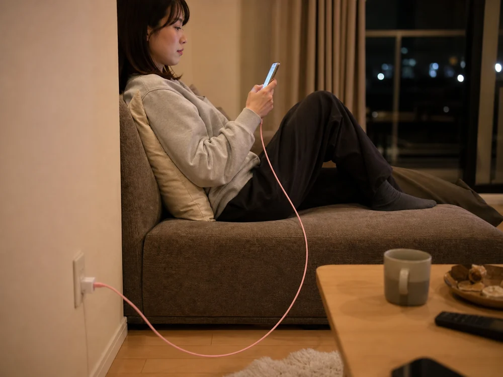 やわらかいピンクのUSB Type-Cケーブルでソファからスマホを充電するイメージ