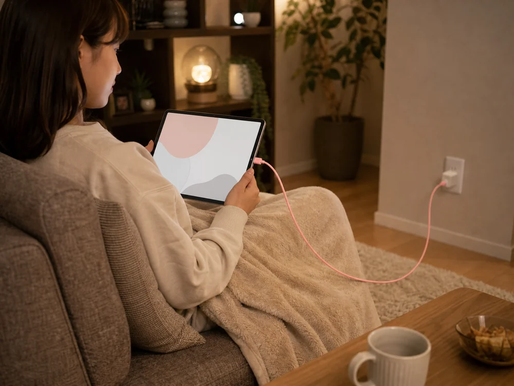 タブレット使用時にやわらかいピンクのUSB Type-Cケーブルをつなぐイメージ