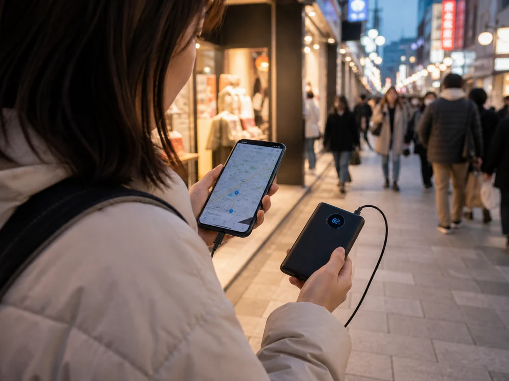 街歩き中にSOOEO N2風の薄型モバイルバッテリーでスマホを使い続けるイメージ