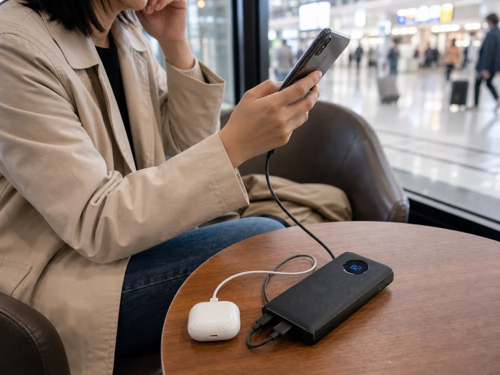 外出先でスマホとイヤホンをまとめて補助充電するSOOEO N2風モバイルバッテリーのイメージ