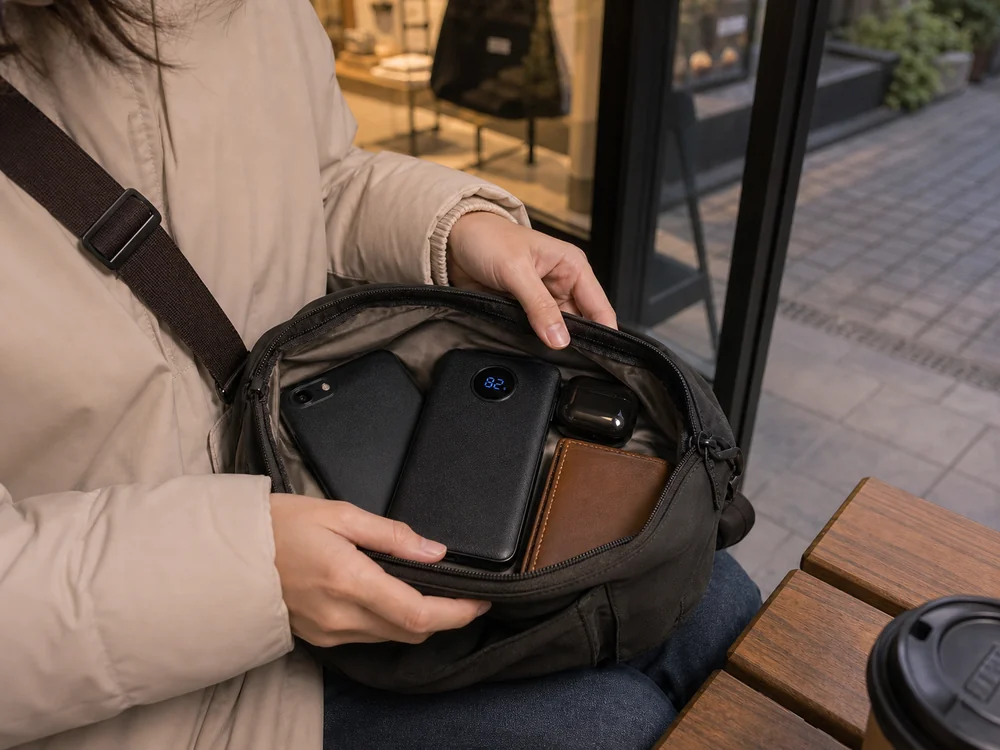 小さめバッグにも収まりやすいSOOEO N2風モバイルバッテリーの携帯イメージ