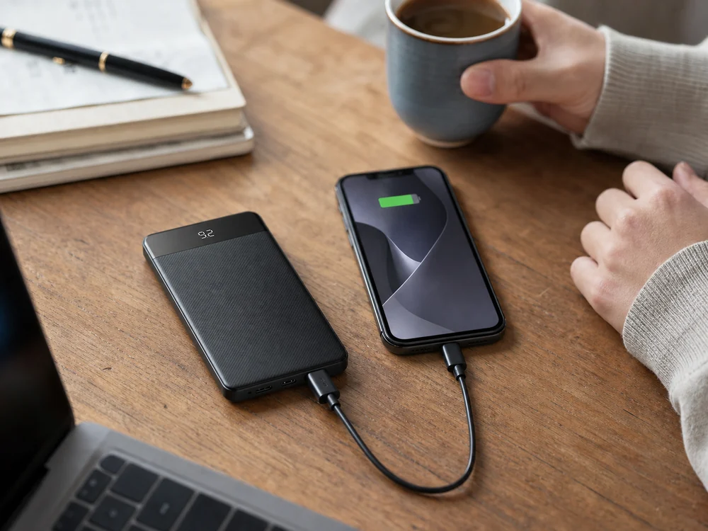 デスクでスマホを充電する薄型モバイルバッテリーの使用イメージ