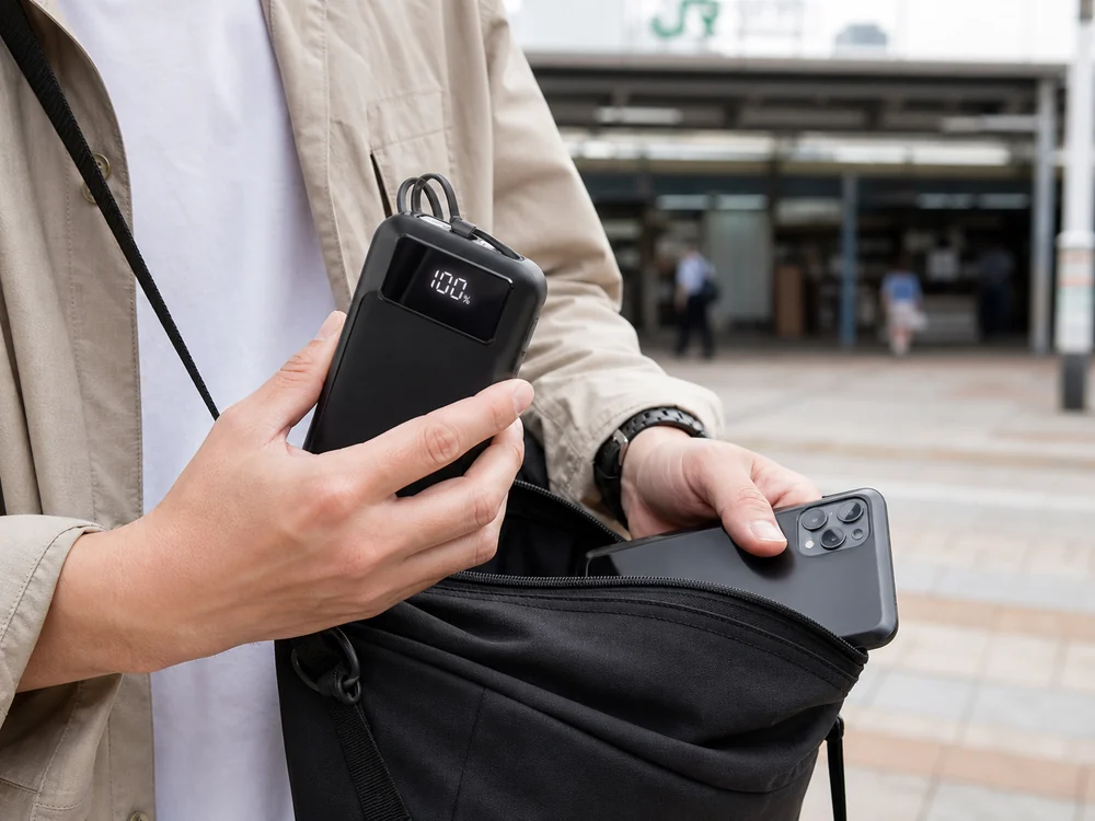 バッグから取り出した黒いモバイルバッテリーのサイズ感と残量表示のイメージ