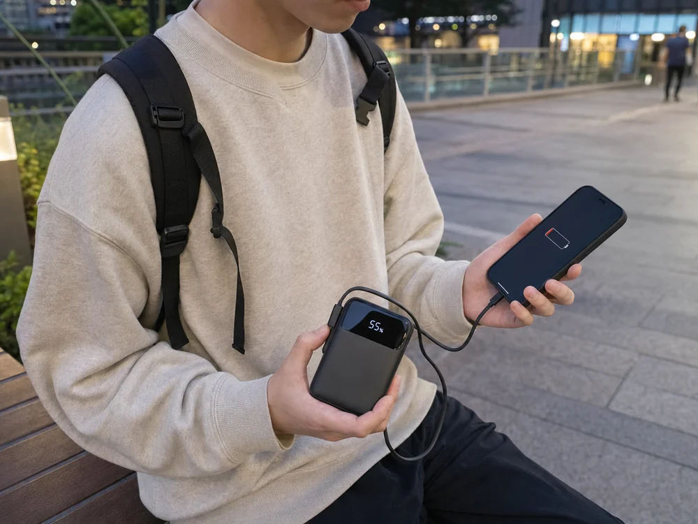 夕方の外出先でスマホを充電する黒いケーブル内蔵モバイルバッテリーの使用イメージ