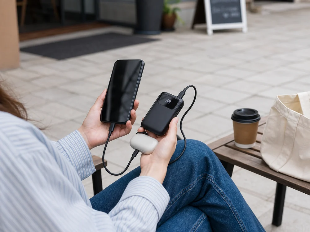 スマホとイヤホンを同時に充電する黒いモバイルバッテリーの使用イメージ