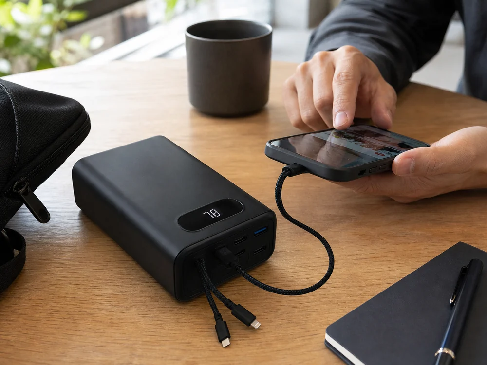 カフェのテーブルでスマートフォンを充電する大容量モバイルバッテリーの使用イメージ
