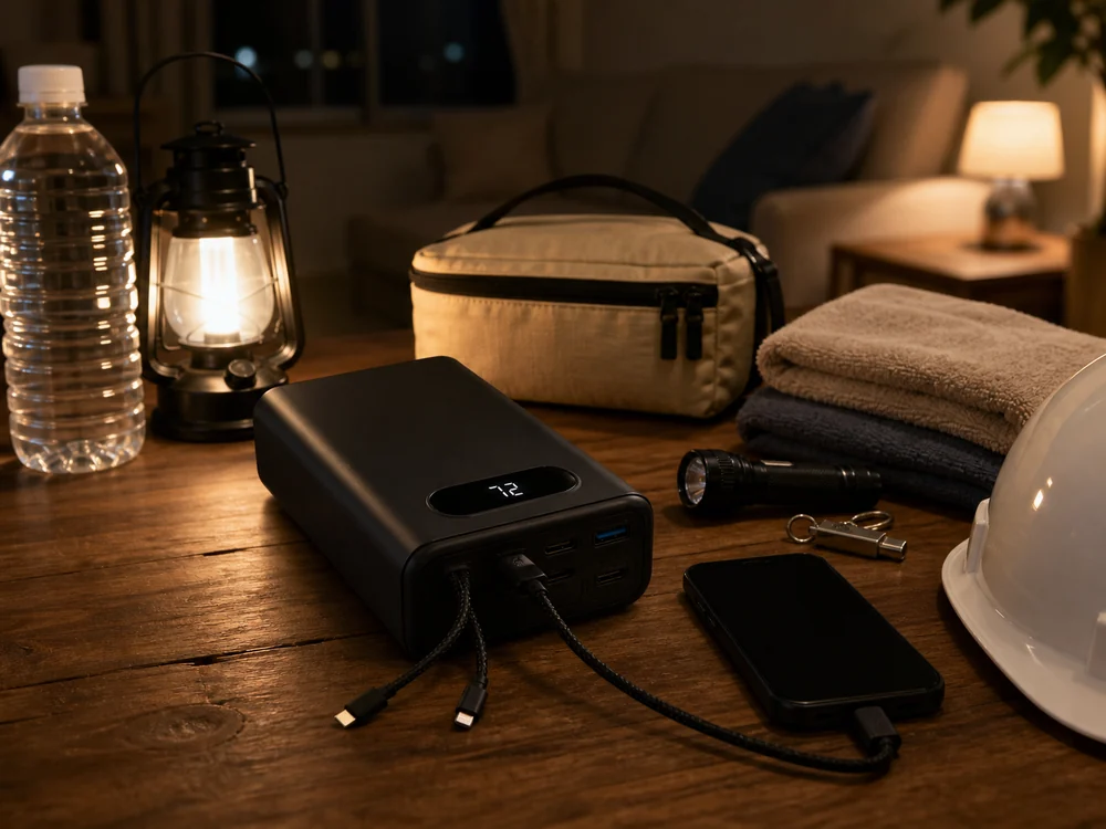 停電への備えとしてスマートフォンを充電する大容量モバイルバッテリーのイメージ