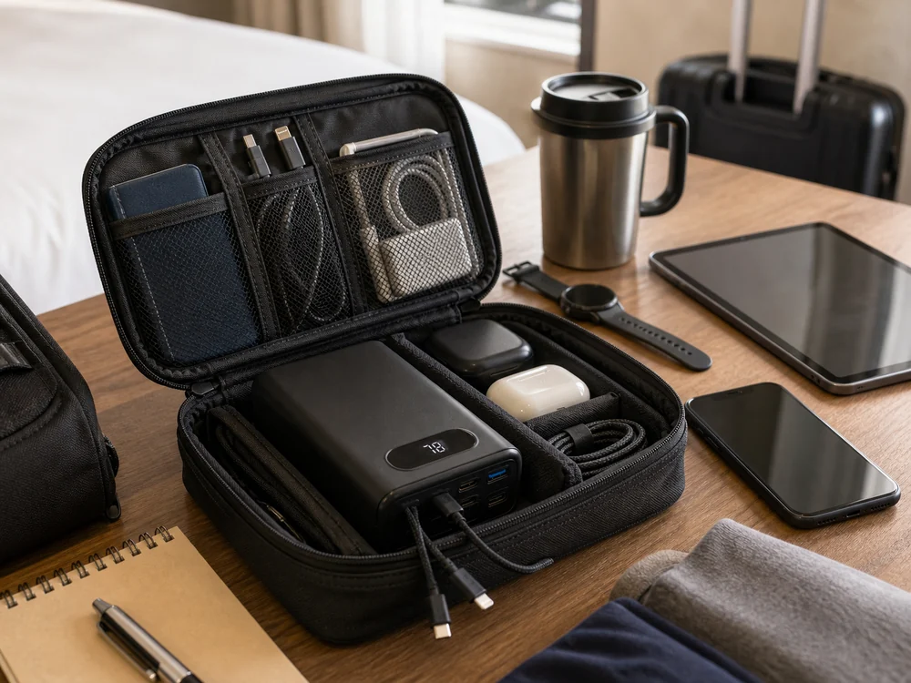 旅行用ポーチに収めた大容量モバイルバッテリーと周辺機器のイメージ