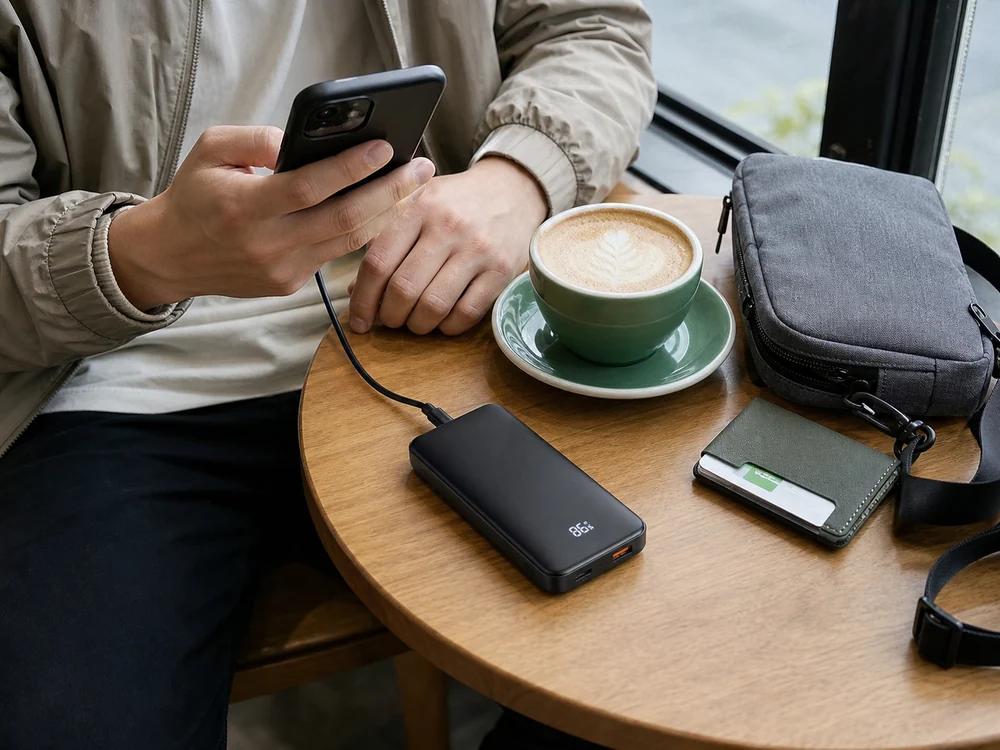 UGREENの薄型モバイルバッテリーでカフェでスマホを充電しているイメージ