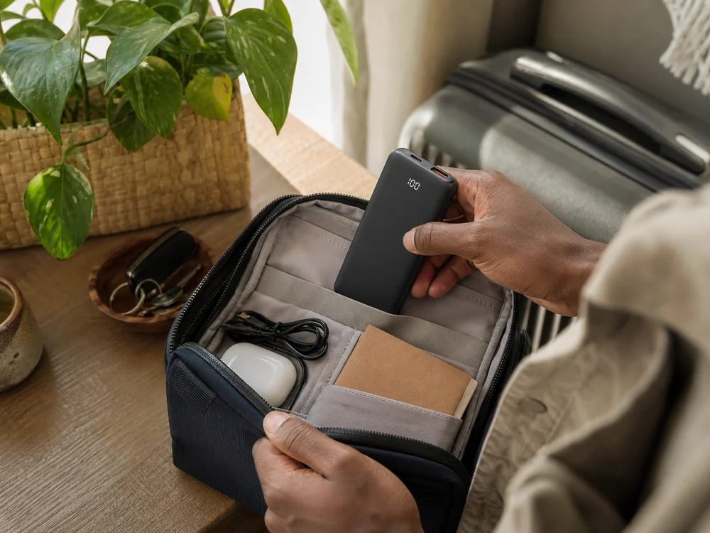 UGREENの薄型モバイルバッテリーを小物ポーチに入れているイメージ
