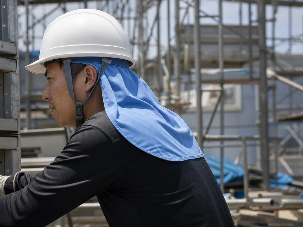 ヘルメットに青いネックガードを付けて屋外作業をする様子