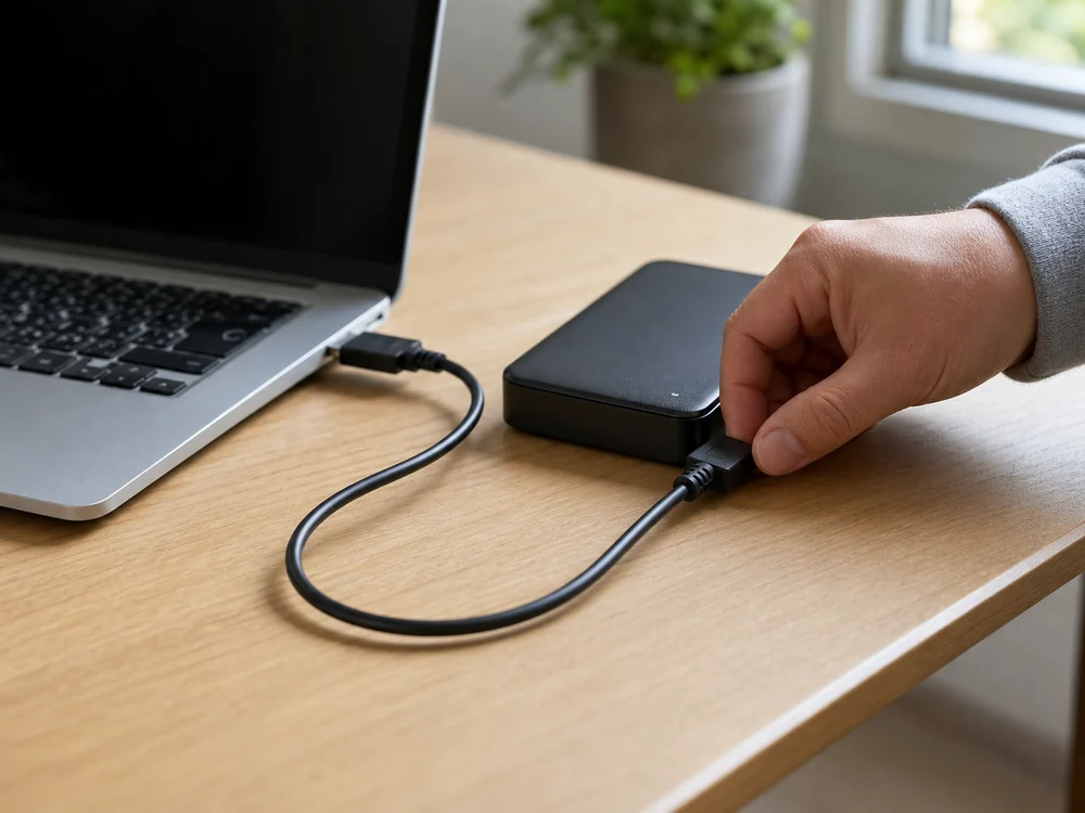 外付けHDDケースをノートPCへ接続しているUSB 3.0オスオスケーブルの使用イメージ