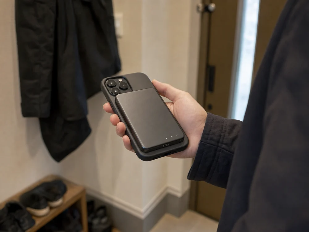 MagSafe対応ケースのiPhoneに薄型バッテリーを装着したイメージ