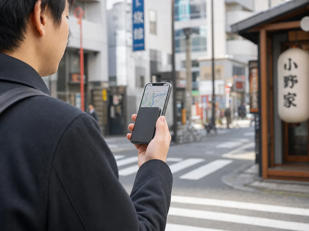 街中でiPhoneに薄型バッテリーを付けたまま地図を確認するイメージ