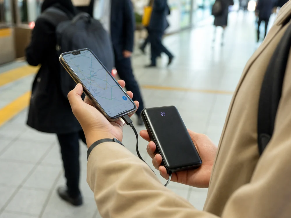 駅で経路を確認しながら薄型モバイルバッテリーを使うイメージ