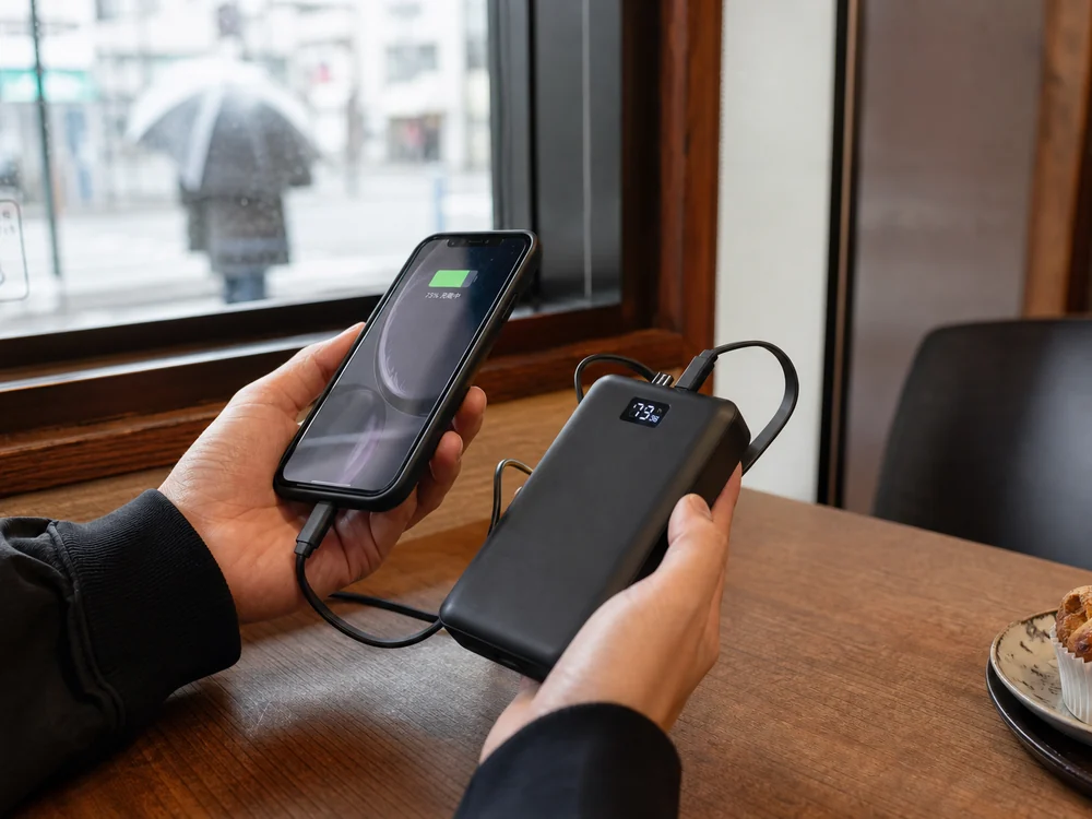 カフェでスマートフォンを充電する大容量モバイルバッテリーの使用イメージ