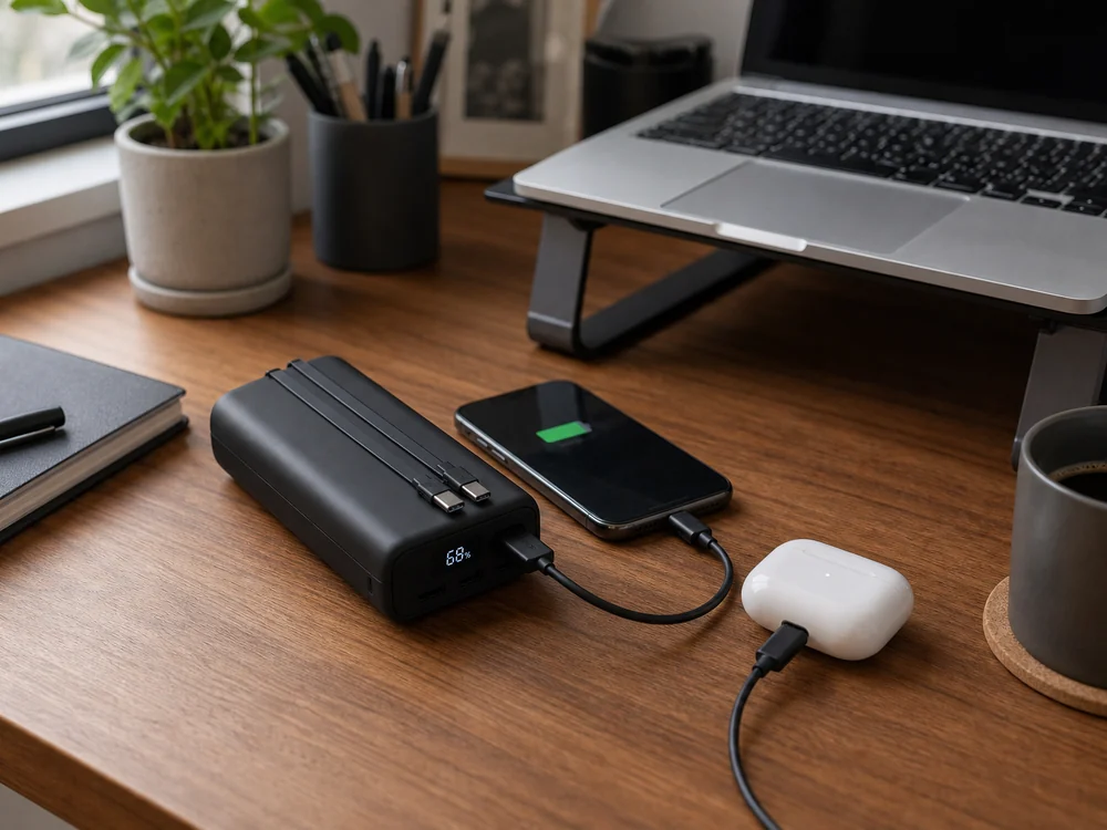 机の上で複数機器をまとめて充電する大容量モバイルバッテリーのイメージ
