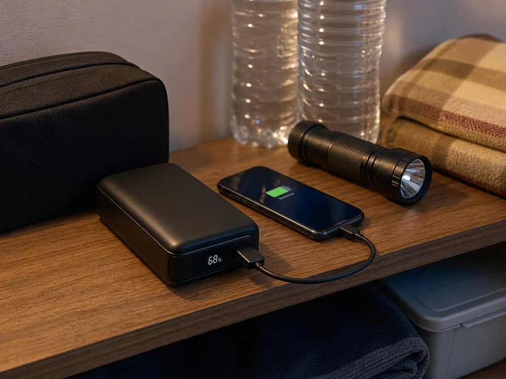 自宅で非常用としてスマートフォンを充電する大容量モバイルバッテリーのイメージ