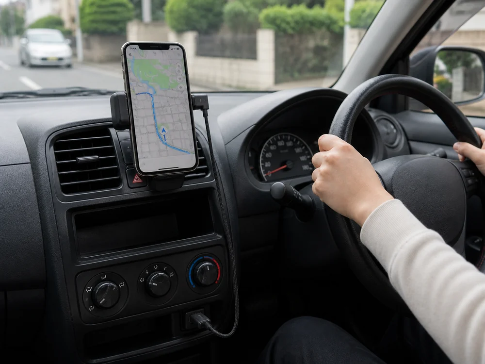 車内でL字USB-Cケーブルを使ってスマホを見やすく充電している様子