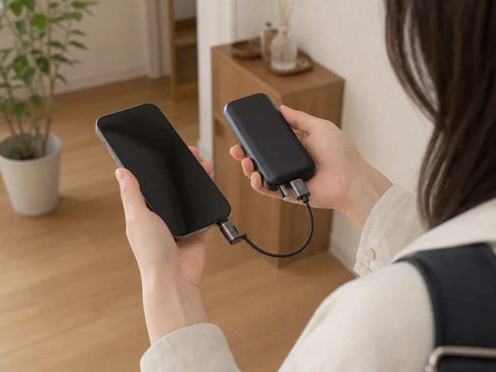 短いL字ケーブルでスマホとモバイルバッテリーをすっきりつないだ様子