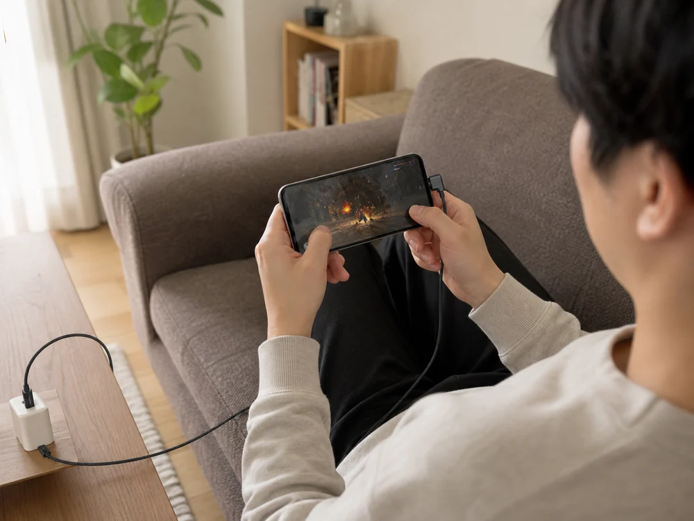 ソファでスマホを横持ちしながらL字USB-Cケーブルで充電している様子