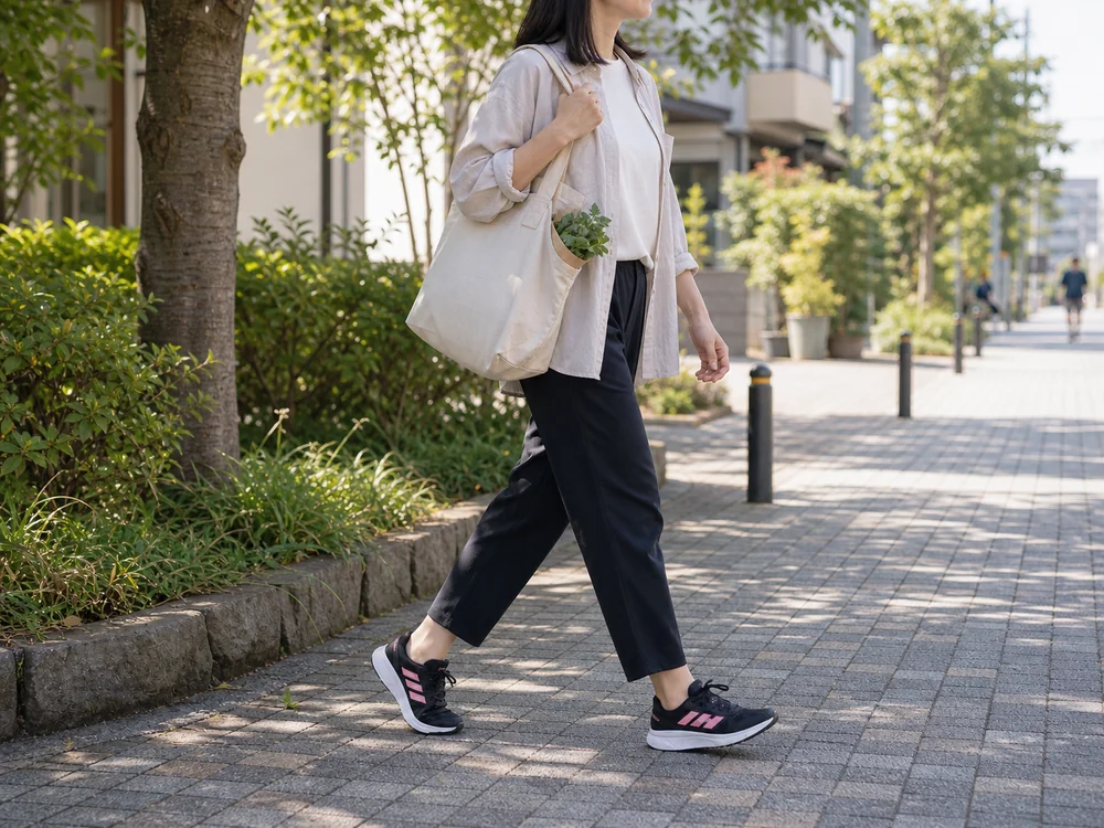 カジュアルな服装で黒地にピンクラインのランニングシューズを履いて外出する様子