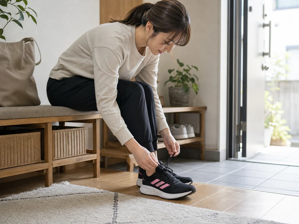 玄関で黒地にピンクラインのランニングシューズを履いて靴ひもを整える様子