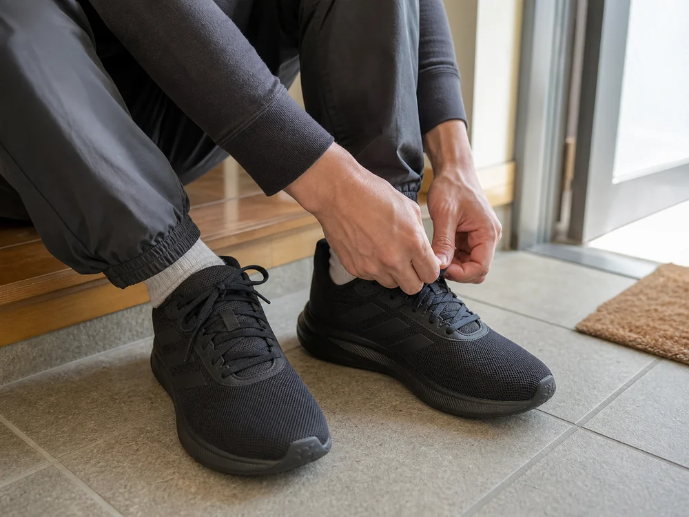 黒いコアランナーを玄関で履いて外出準備をする様子